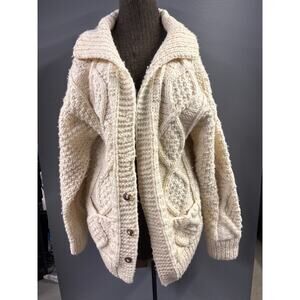 Vintage handmade Fisherman 100% wool cable knit cardigan made in Ecuador XL